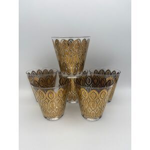Set of 5 Gold Accent Double Old Fashion Low Ball Glasses Hollywood Regency MCM